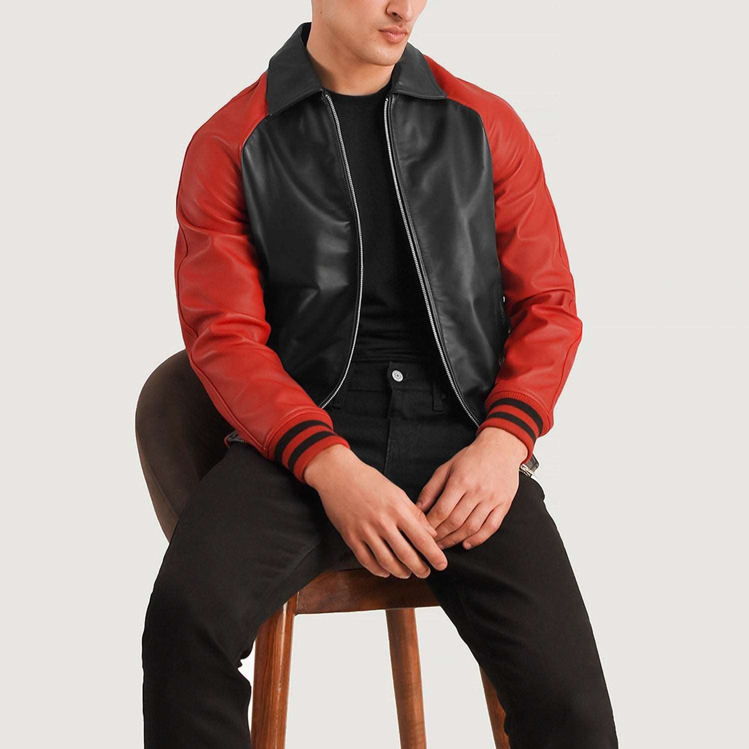 Mens Black And Red Bomber Leather Jacket With Shirt Collar  - Leather Jacket