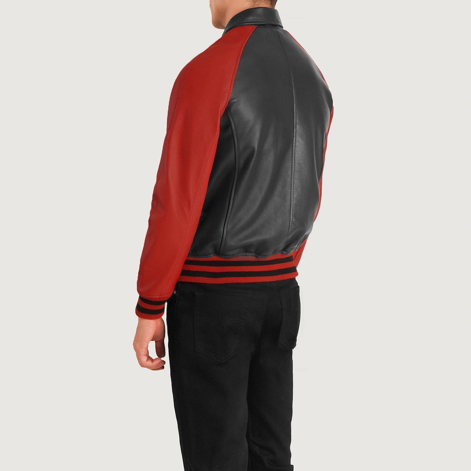 Mens Black And Red Bomber Leather Jacket With Shirt Collar  - Leather Jacket