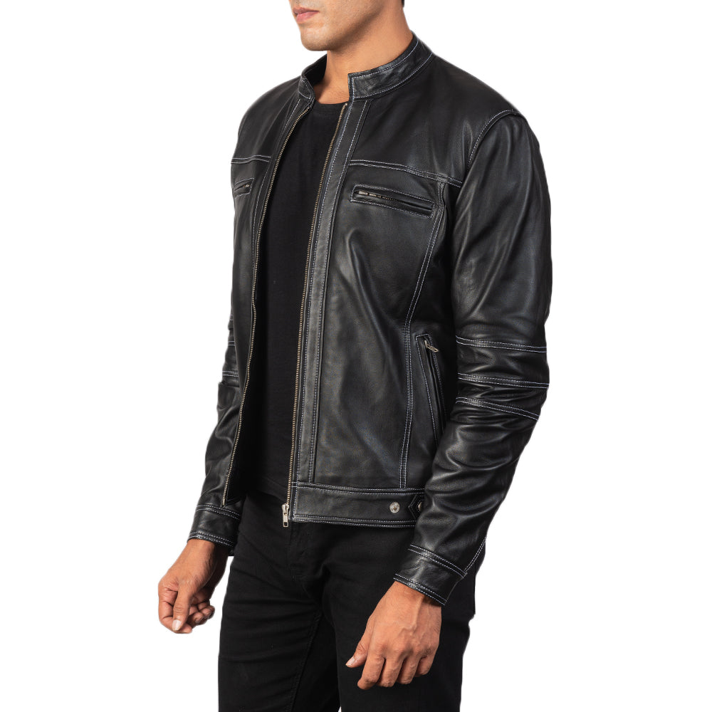 Youngster's Black Leather Racer Jacket - Stylish & Durable Motorcycle Wear for Youth