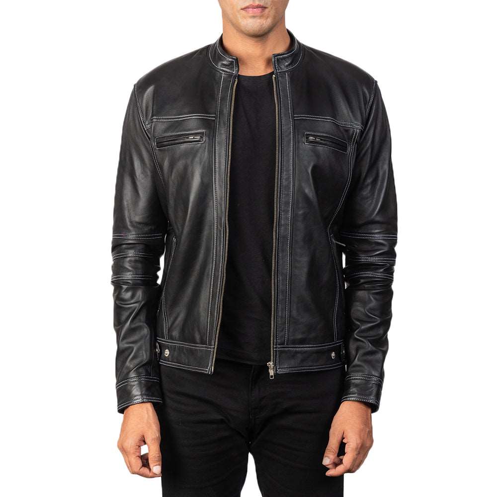 Youngster's Black Leather Racer Jacket - Stylish & Durable Motorcycle Wear for Youth