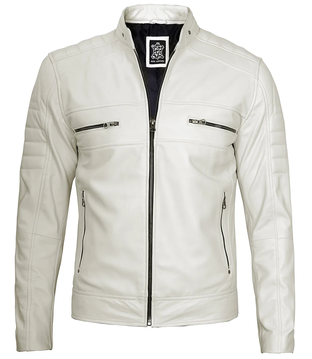 White Leather cafe Racer Jacket For Mens men's white leather jacket, cafe racer jacket, white leather jacket for men, premium leather jacket, iconic leather jacket, stylish men's jacket, versatile leather jacket, high-quality leather, durable white jacket, men's fashion jacket, classic leather jacket, minimalist design, contemporary leather jacket, men's outerwear, leather jacket for men, USA, UK, Canada, Mexico, Australia