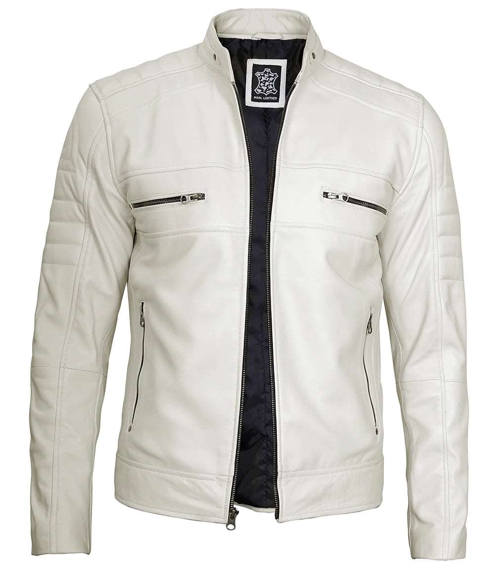 White Leather cafe Racer Jacket For Mens men's white leather jacket, cafe racer jacket, white leather jacket for men, premium leather jacket, iconic leather jacket, stylish men's jacket, versatile leather jacket, high-quality leather, durable white jacket, men's fashion jacket, classic leather jacket, minimalist design, contemporary leather jacket, men's outerwear, leather jacket for men, USA, UK, Canada, Mexico, Australia