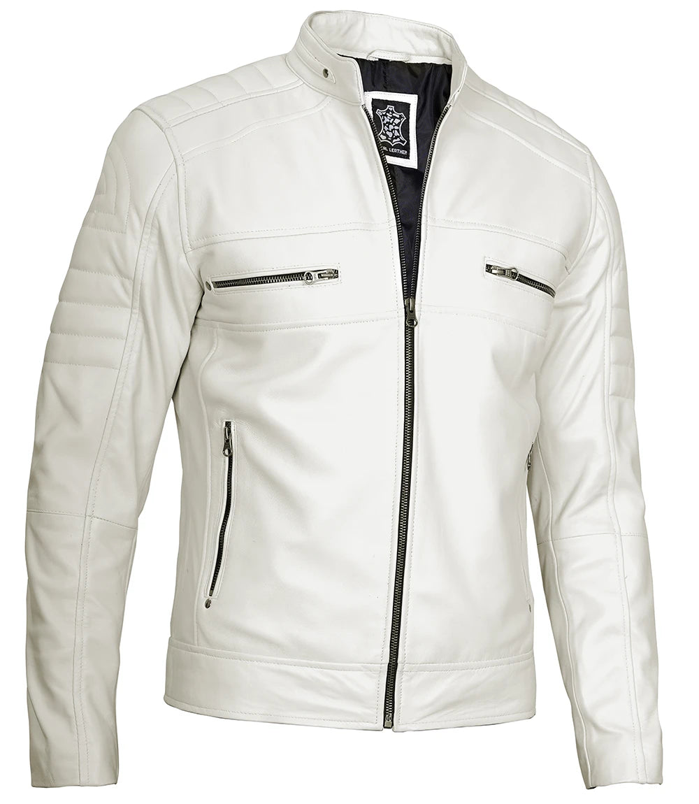 White Leather cafe Racer Jacket For Mens men's white leather jacket, cafe racer jacket, white leather jacket for men, premium leather jacket, iconic leather jacket, stylish men's jacket, versatile leather jacket, high-quality leather, durable white jacket, men's fashion jacket, classic leather jacket, minimalist design, contemporary leather jacket, men's outerwear, leather jacket for men, USA, UK, Canada, Mexico, Australia