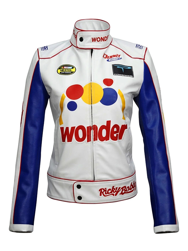 Women's Ricky Bobby leather jacket Ricky Bobby jacket for women Wonder Bread jacket Talladega Nights jacket Women's Wonder Bread leather jacket Ricky Bobby cosplay jacket Racing leather jacket for women Ricky Bobby costume jacket White leather jacket with logos Women's movie-themed leather jacket Talladega Nights women's jacket Ricky Bobby Wonder Bread jacket Women's racing jacket Genuine leather movie jacket Women's faux leather jacket PU leather jacket for women Faux leather material jacket Faux leather b