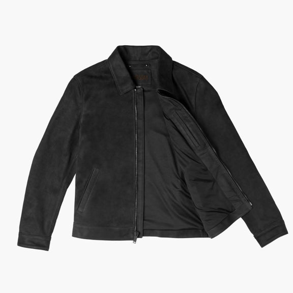 Men's Black Buffalo Leather Jacket With Shirt Collar