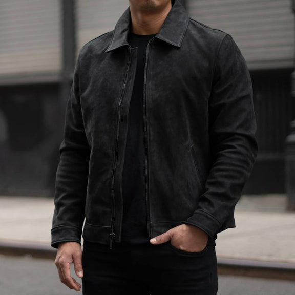 Men's Black Buffalo Leather Jacket With Shirt Collar