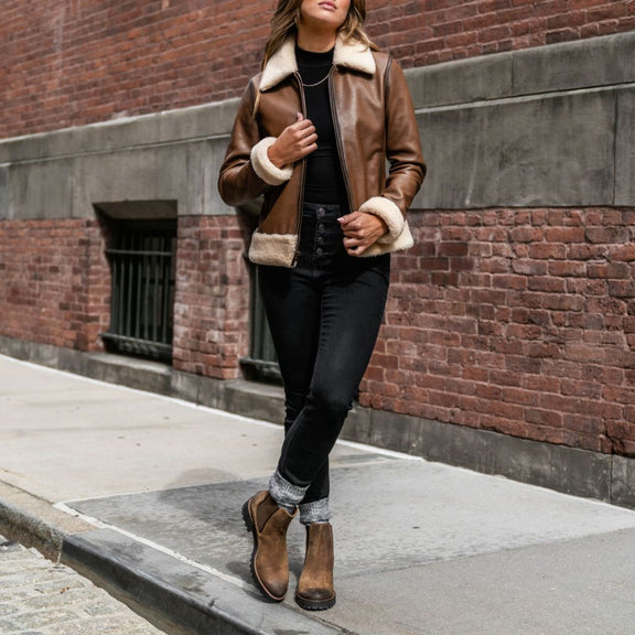 Women's Leather Jacket With Fur Collar