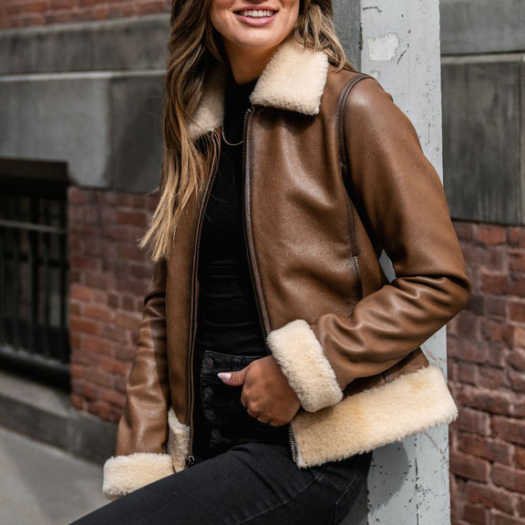 Women's Leather Jacket With Fur Collar