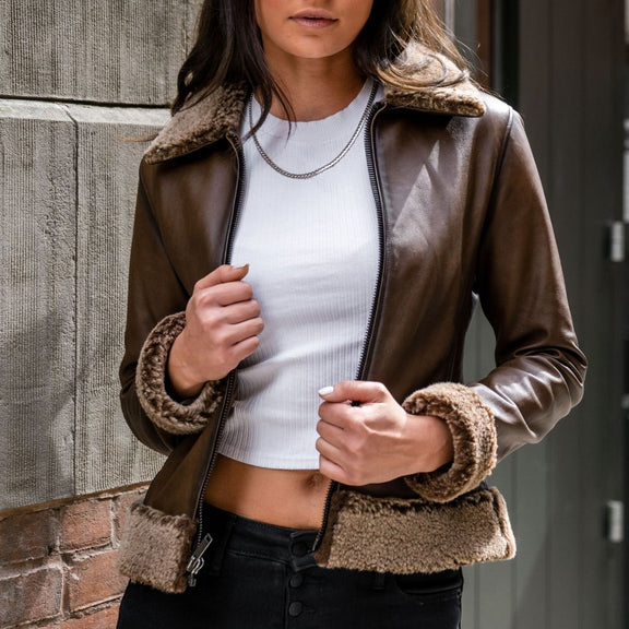 womens leather bomber jacket with fur collar