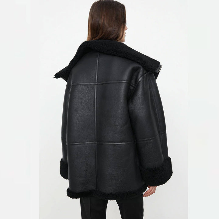 Womens Black Aviator Styled Sheepskin Shearling Leather Jacket