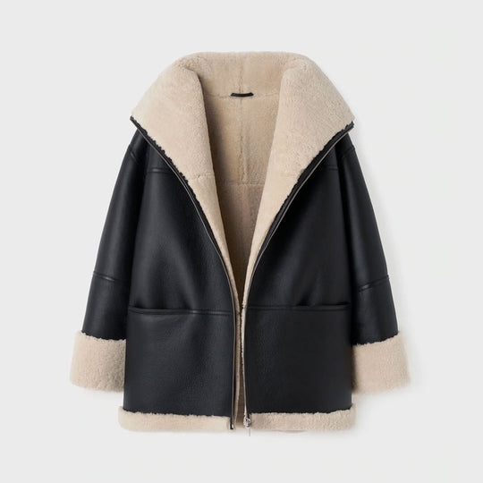 Womens Aviator Styled Sheepskin oversized leather coat - Shearling Coat