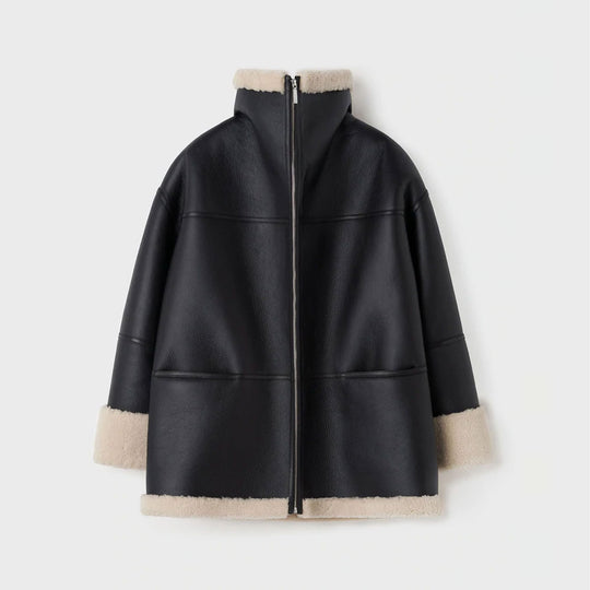 Womens Aviator Styled Sheepskin oversized leather coat - Shearling Coat