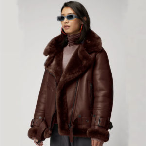 Women Brown Aviator Styled Sheepskin Shearling Leather Jacket - Oversized Jacket