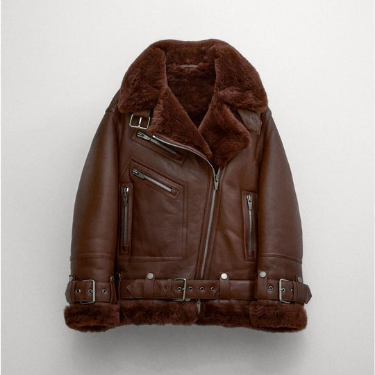 Women Brown Aviator Styled Sheepskin Shearling Leather Jacket - Oversized Jacket