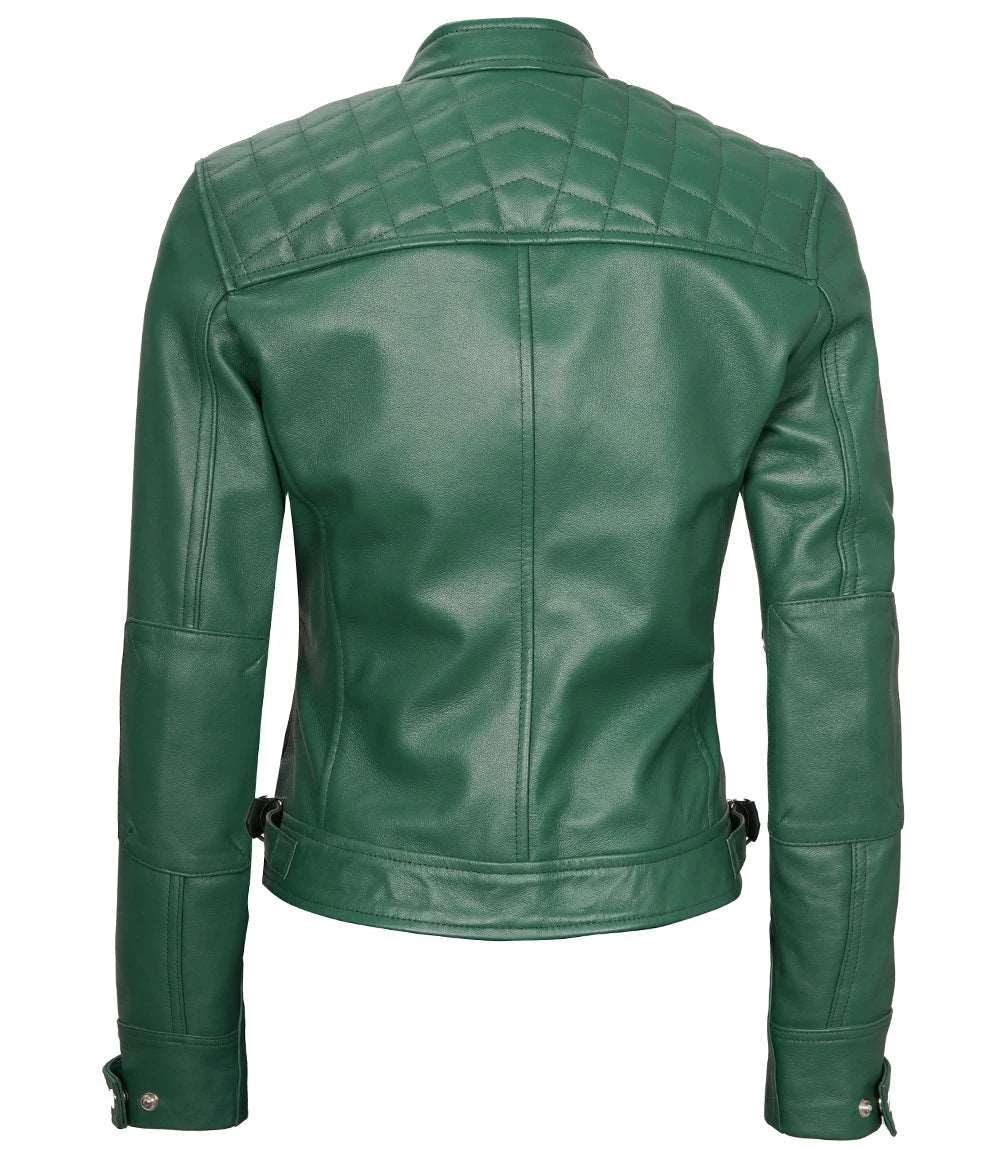 Women Green Diamond Cafe Racer Real Leather Jacket Women's green leather jacket Diamond quilted leather jacket Cafe racer leather jacket for women Premium green leather jacket Stylish women's cafe racer jacket High-quality leather outerwear Unique leather jacket for women Modern cafe racer jacket Durable women's leather jacket Elegant green leather jacket Women's fashion leather jacket Green leather moto jacket Tailored leather jacket for women Women's Women's real leather jacket