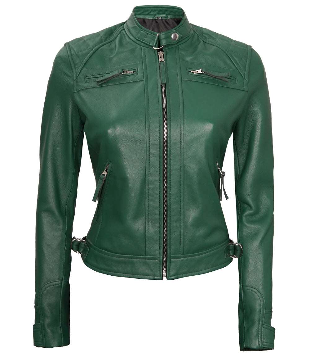 Women Green Diamond Cafe Racer Real Leather Jacket Women's green leather jacket Diamond quilted leather jacket Cafe racer leather jacket for women Premium green leather jacket Stylish women's cafe racer jacket High-quality leather outerwear Unique leather jacket for women Modern cafe racer jacket Durable women's leather jacket Elegant green leather jacket Women's fashion leather jacket Green leather moto jacket Tailored leather jacket for women Women's Women's real leather jacket