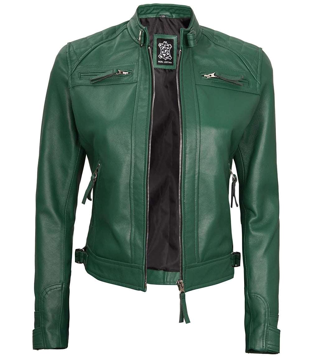 Women Green Diamond Cafe Racer Real Leather Jacket Women's green leather jacket Diamond quilted leather jacket Cafe racer leather jacket for women Premium green leather jacket Stylish women's cafe racer jacket High-quality leather outerwear Unique leather jacket for women Modern cafe racer jacket Durable women's leather jacket Elegant green leather jacket Women's fashion leather jacket Green leather moto jacket Tailored leather jacket for women Women's Women's real leather jacket