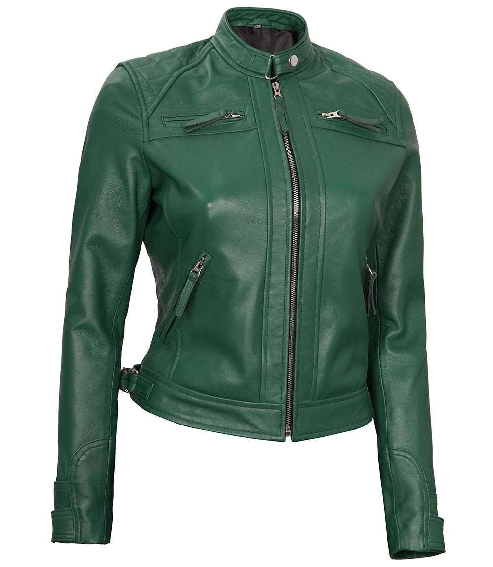 Women Green Diamond Cafe Racer Real Leather Jacket Women's green leather jacket Diamond quilted leather jacket Cafe racer leather jacket for women Premium green leather jacket Stylish women's cafe racer jacket High-quality leather outerwear Unique leather jacket for women Modern cafe racer jacket Durable women's leather jacket Elegant green leather jacket Women's fashion leather jacket Green leather moto jacket Tailored leather jacket for women Women's Women's real leather jacket