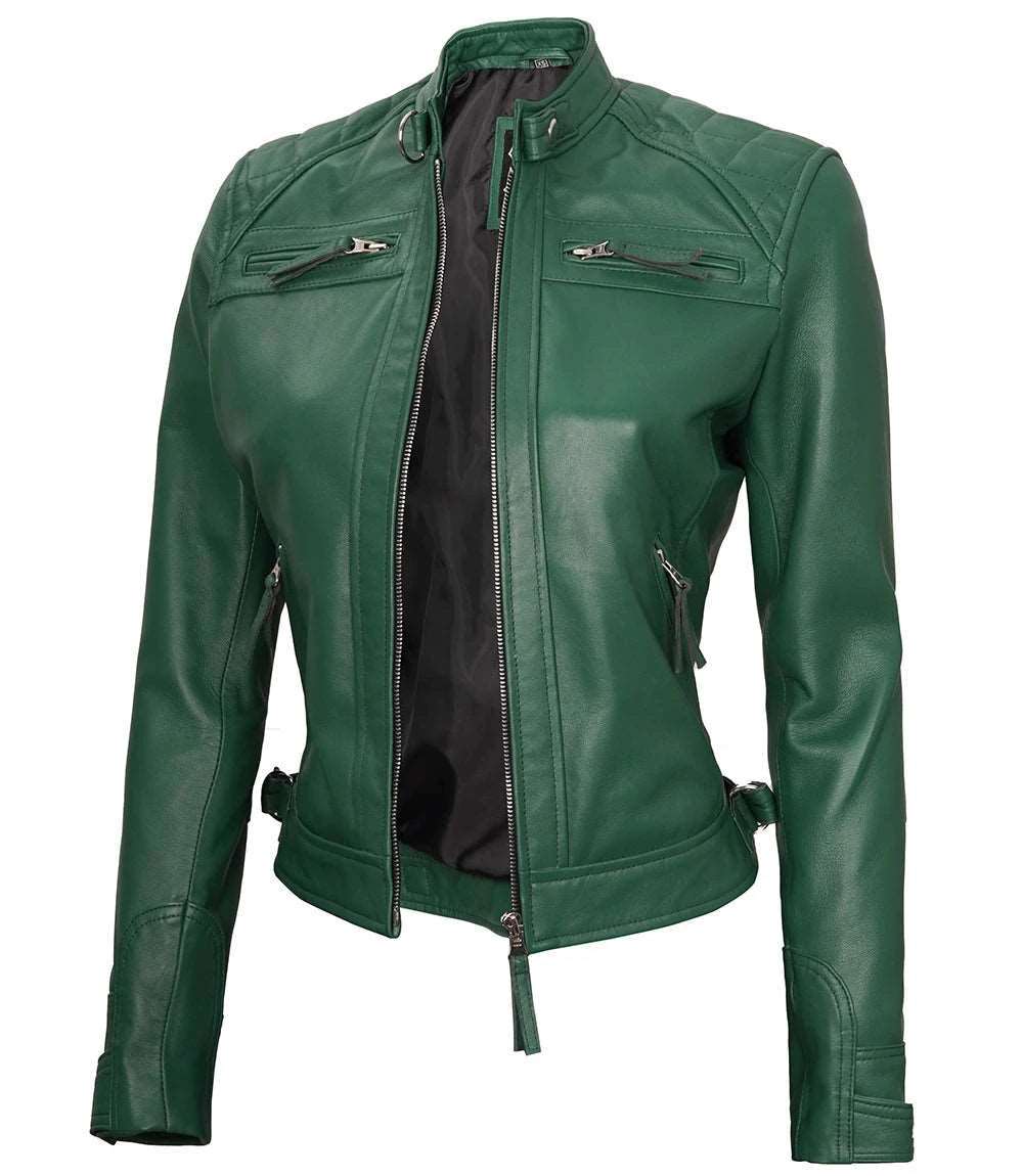 Women Green Diamond Cafe Racer Real Leather Jacket Women's green leather jacket Diamond quilted leather jacket Cafe racer leather jacket for women Premium green leather jacket Stylish women's cafe racer jacket High-quality leather outerwear Unique leather jacket for women Modern cafe racer jacket Durable women's leather jacket Elegant green leather jacket Women's fashion leather jacket Green leather moto jacket Tailored leather jacket for women Women's Women's real leather jacket