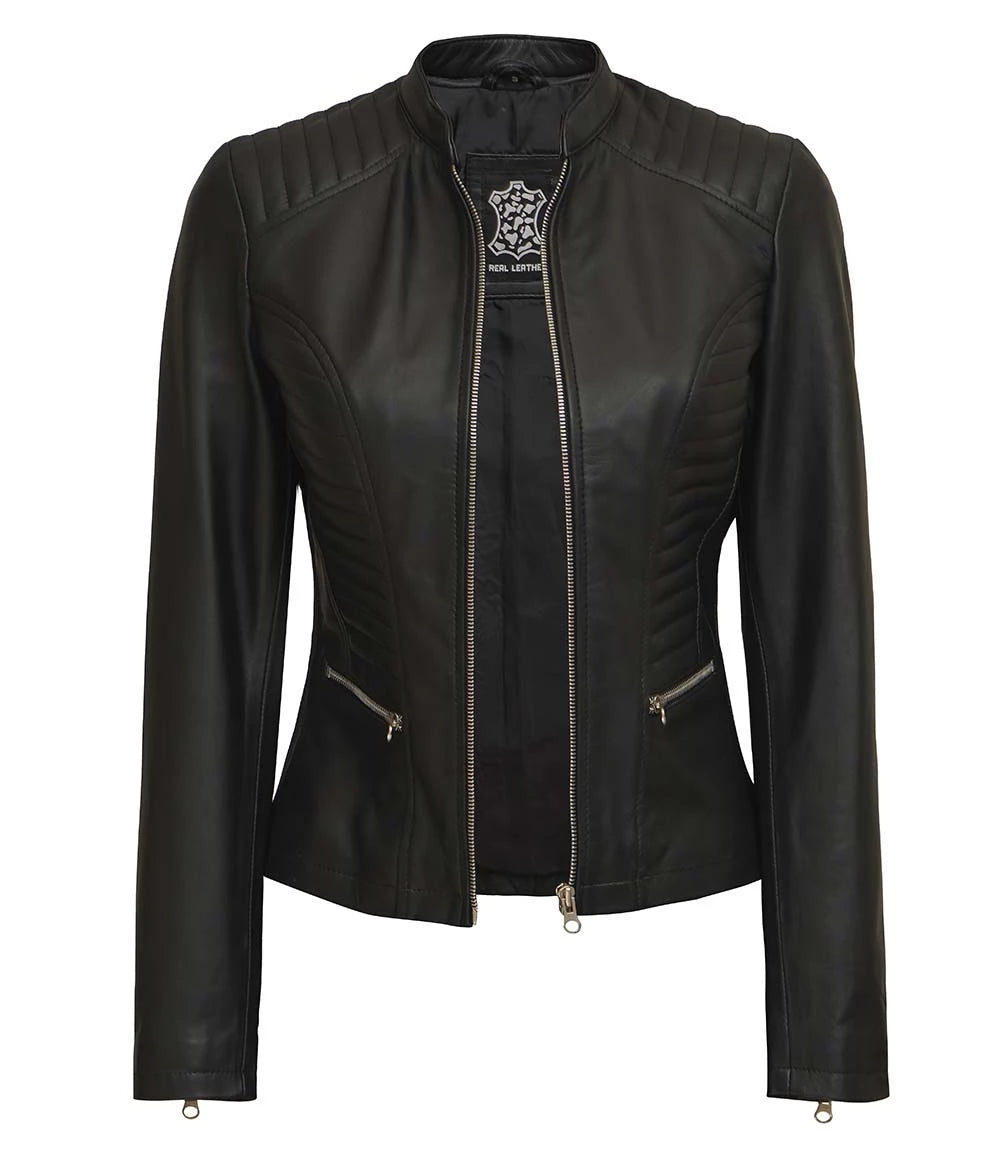 Black Leather Racer Jacket For Womens With Body Fit Black Leather Racer Jacket for Women, Body Fit Leather Jacket, Women's Leather Jacket, Stylish Leather Racer Jacket, High-Quality Women's Leather Jacket, Body-Hugging Leather Jacket, Ladies Fashion Leather Outerwear, Women's Motorcycle Jacket, Premium Leather Jacket for Women, Trendy Women's Leather Jacket