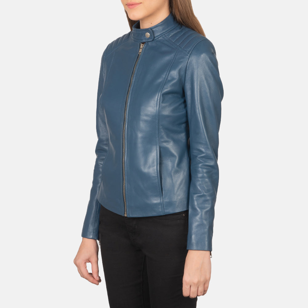 Womens Blue Leather Racer Jacket With Premium  Stitching 