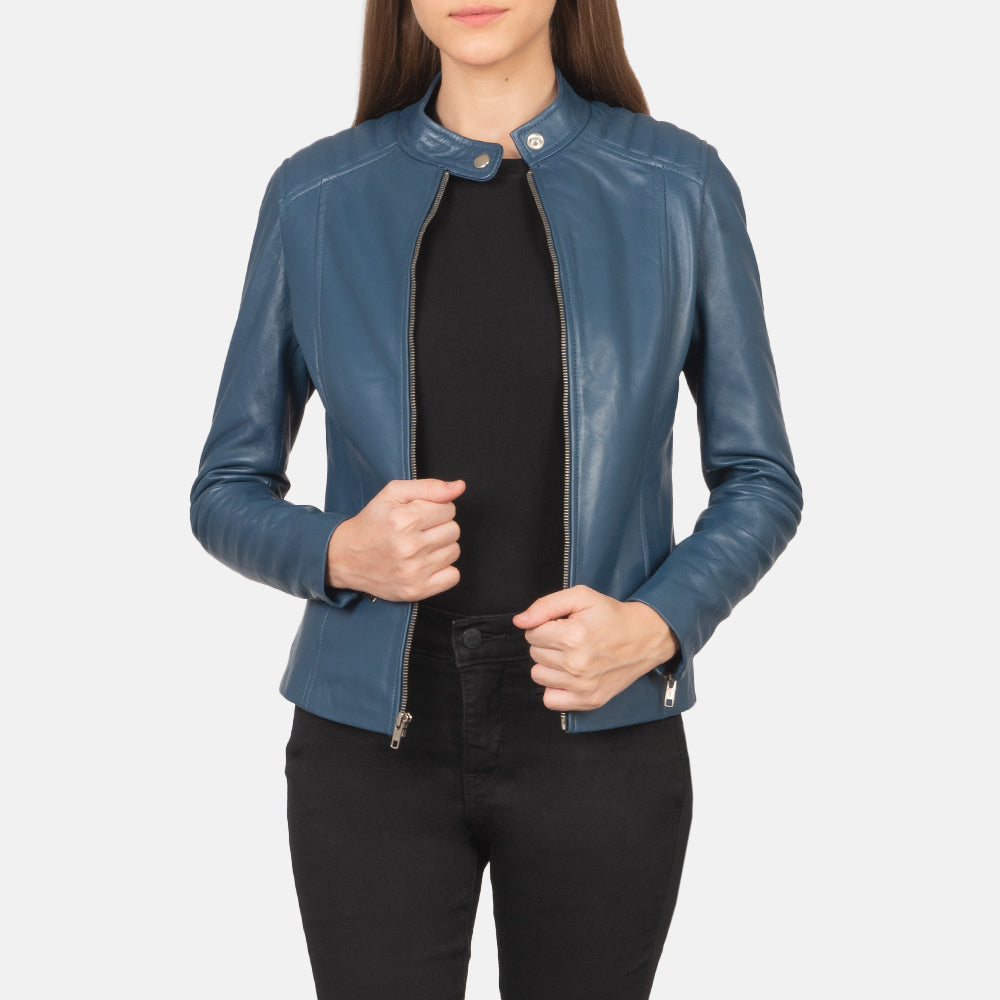 Womens Blue Leather Racer Jacket With Premium  Stitching 