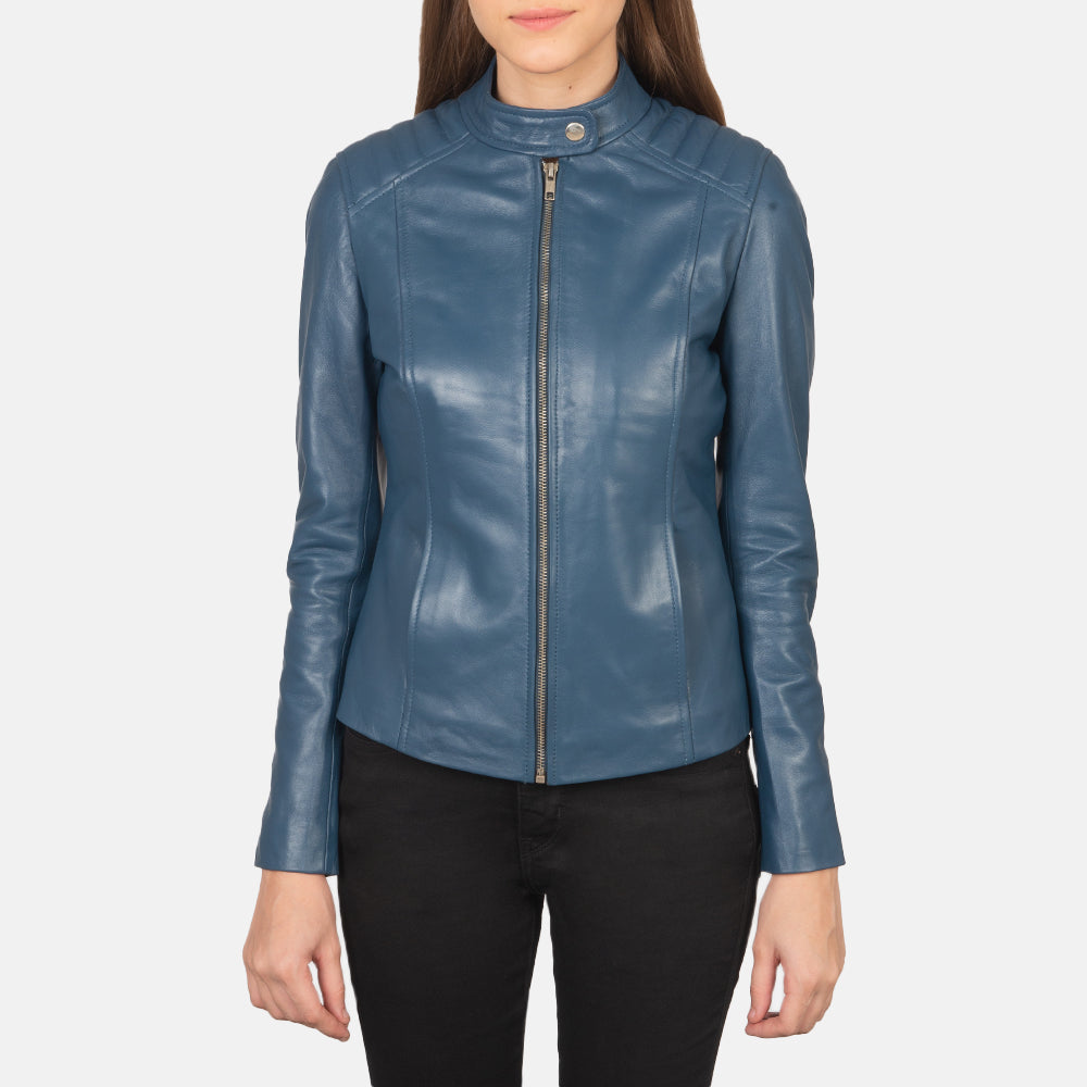 Womens Blue Leather Racer Jacket With Premium  Stitching 