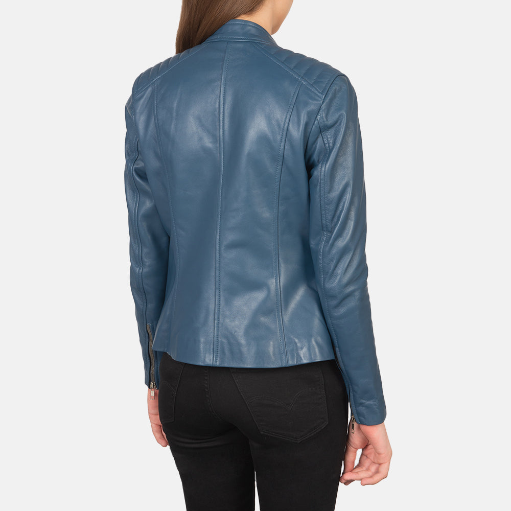 Womens Blue Leather Racer Jacket With Premium  Stitching 