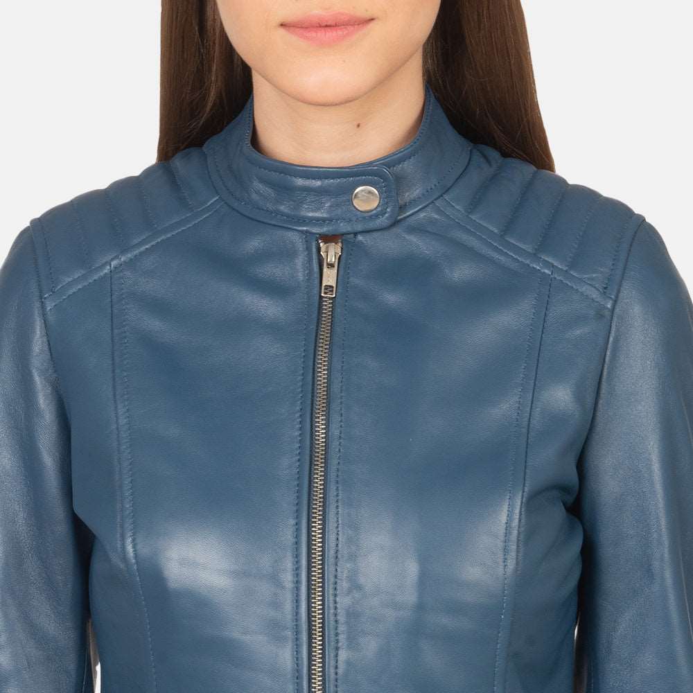 Womens Blue Leather Racer Jacket With Premium  Stitching 