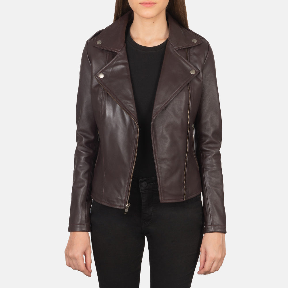 Womens Dark Brown Leather Biker Jacket 