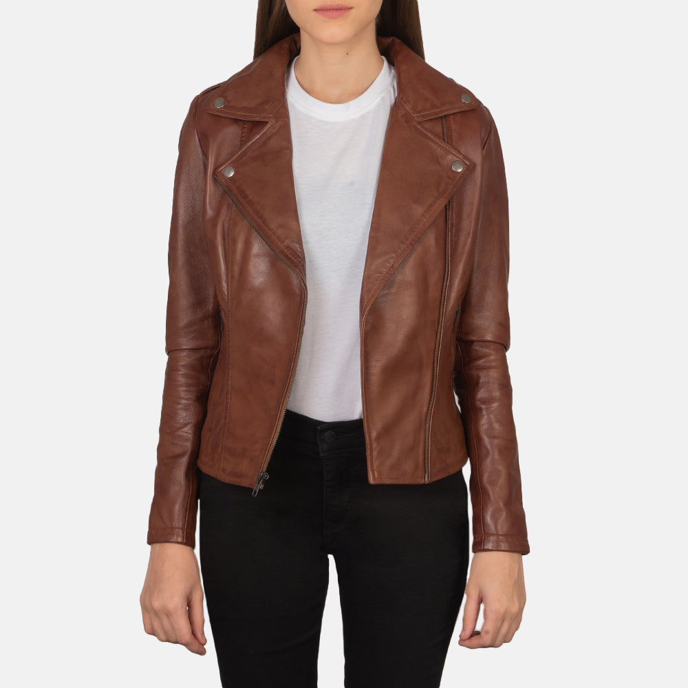 Womens tan Biker Leather jacket With premium Look  - Motorcycle Jacket - Tonybon