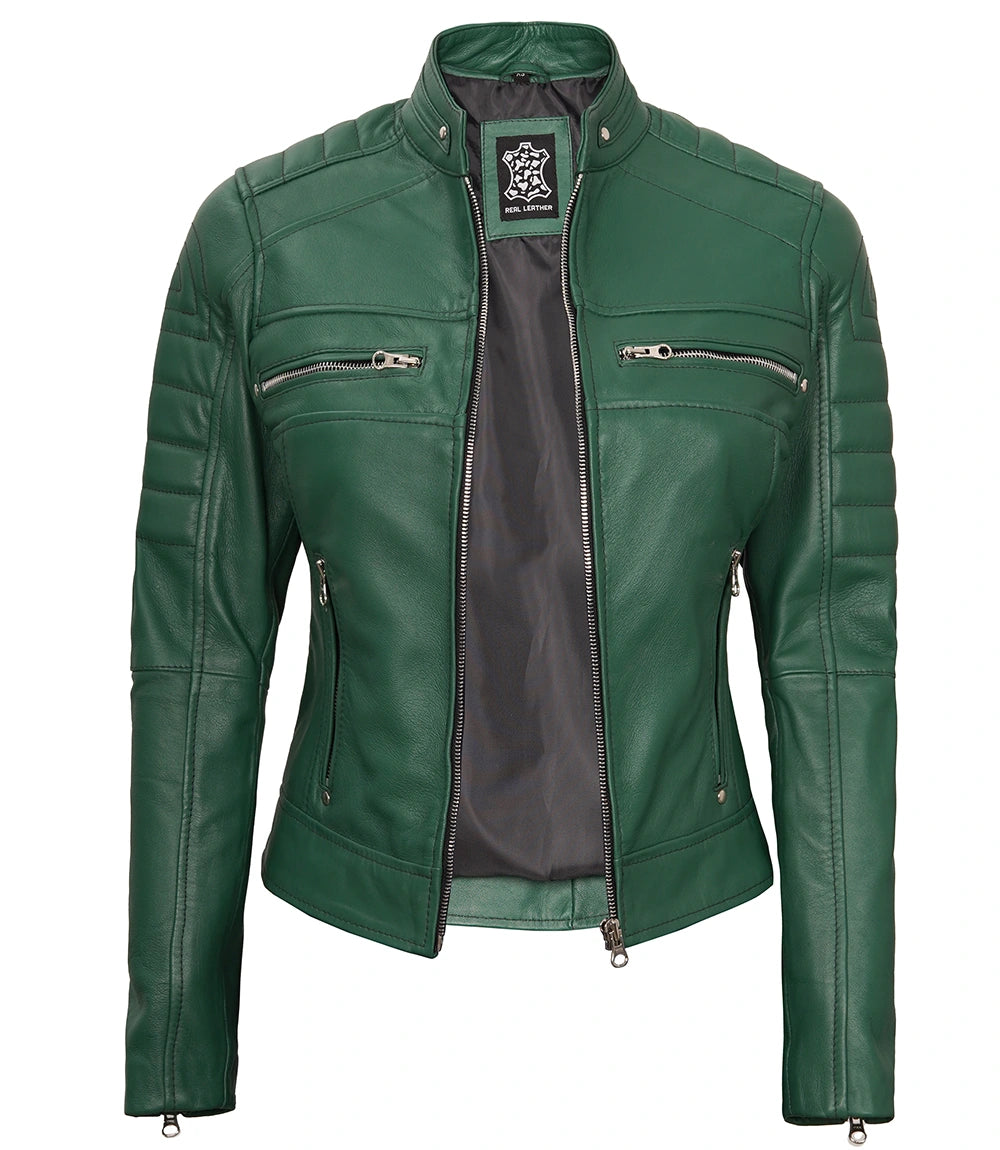 Womens Green Real Leather Cafe Racer Biker Jacket New Look women's green leather jacket, cafe racer leather jacket, biker jacket for women, premium green leather jacket, stylish women's leather jacket, high-quality leather outerwear, unique leather jacket for women, modern cafe racer jacket, durable women's leather jacket, elegant green leather jacket