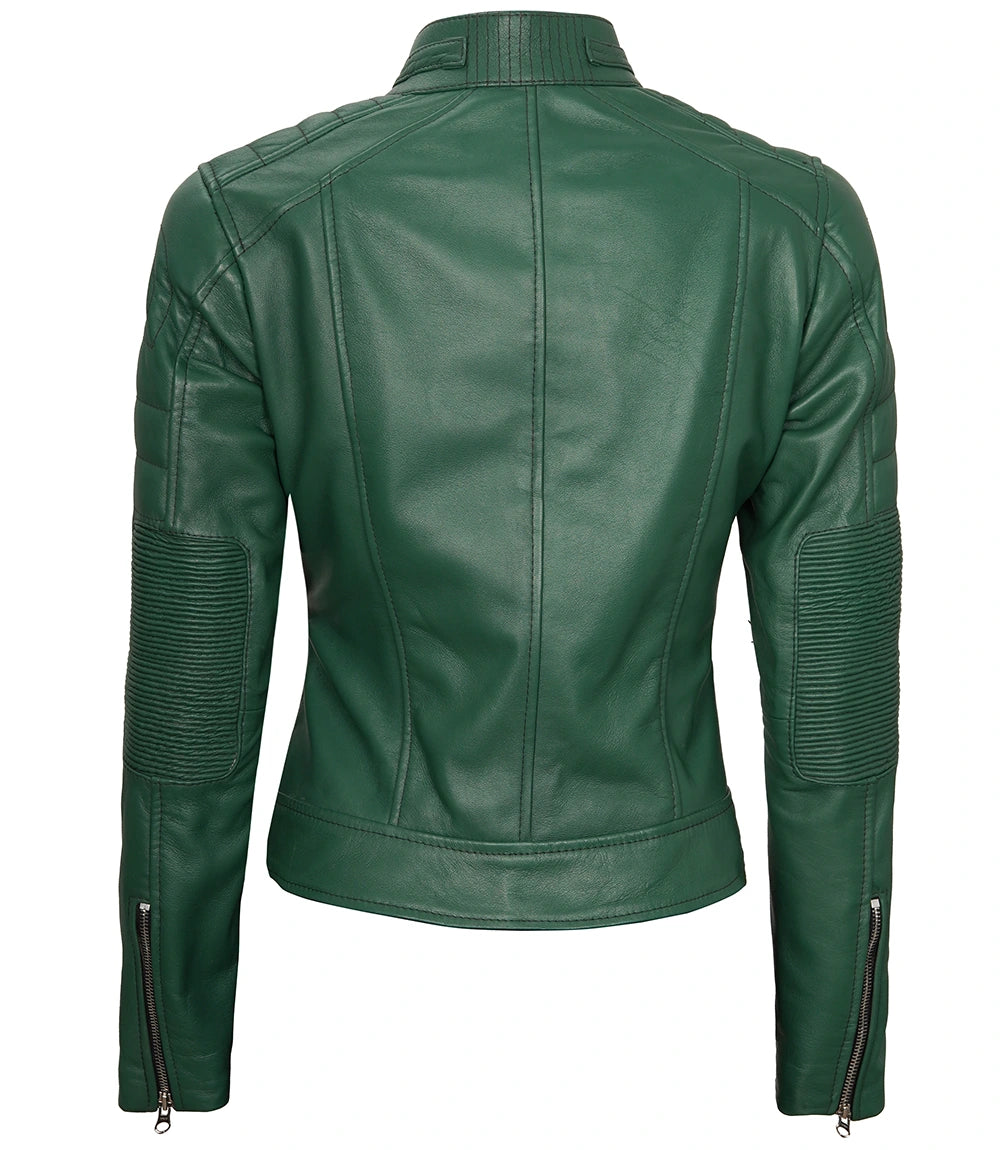 Womens Green Real Leather Cafe Racer Biker Jacket New Look women's green leather jacket, cafe racer leather jacket, biker jacket for women, premium green leather jacket, stylish women's leather jacket, high-quality leather outerwear, unique leather jacket for women, modern cafe racer jacket, durable women's leather jacket, elegant green leather jacket