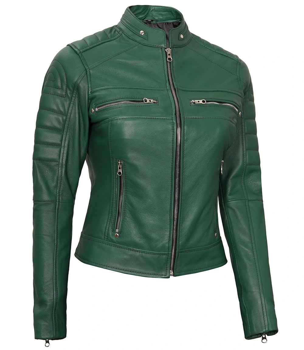 Womens Green Real Leather Cafe Racer Biker Jacket New Look women's green leather jacket, cafe racer leather jacket, biker jacket for women, premium green leather jacket, stylish women's leather jacket, high-quality leather outerwear, unique leather jacket for women, modern cafe racer jacket, durable women's leather jacket, elegant green leather jacket