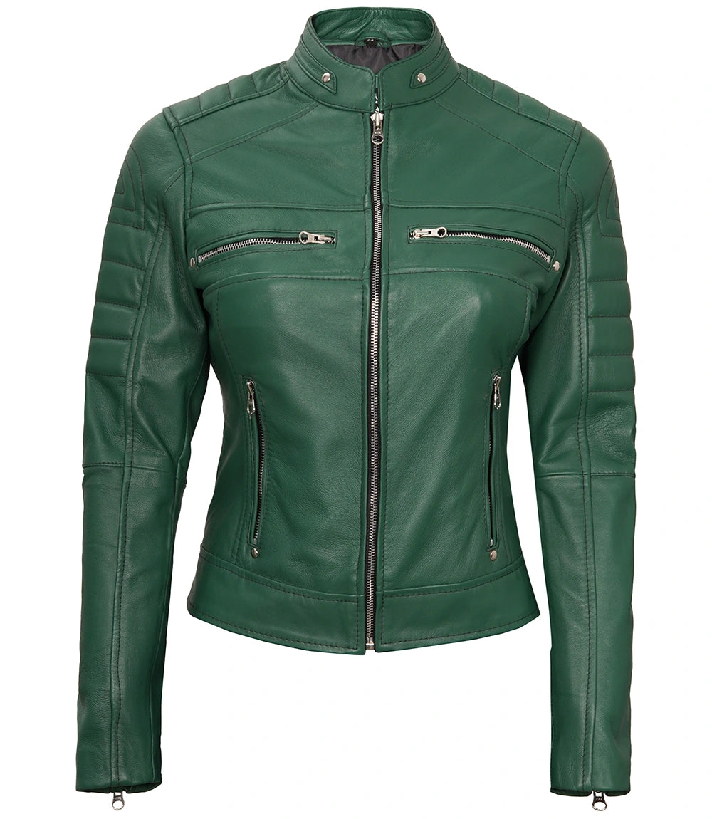 Womens Green Real Leather Cafe Racer Biker Jacket New Look women's green leather jacket, cafe racer leather jacket, biker jacket for women, premium green leather jacket, stylish women's leather jacket, high-quality leather outerwear, unique leather jacket for women, modern cafe racer jacket, durable women's leather jacket, elegant green leather jacket