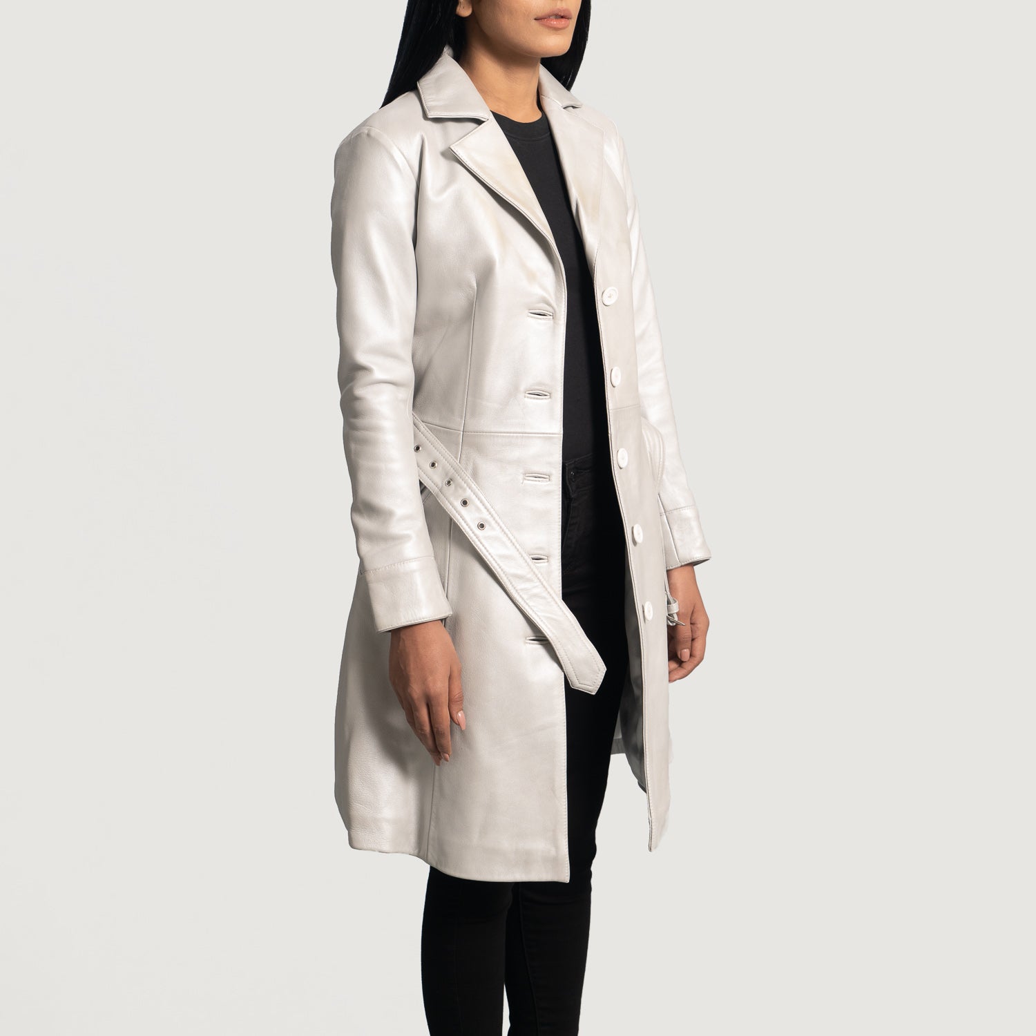 Womens Silver White Leather Trench Coat Full Length - Leather CoatWomen's Silver White Leather Trench Coat Full Length, Full Length Silver White Leather Coat for Women, Women's Leather Trench Coat, Stylish Women's Leather Trench Coat, Premium Quality Women's Leather Coat, Elegant Women's Leather Outerwear,