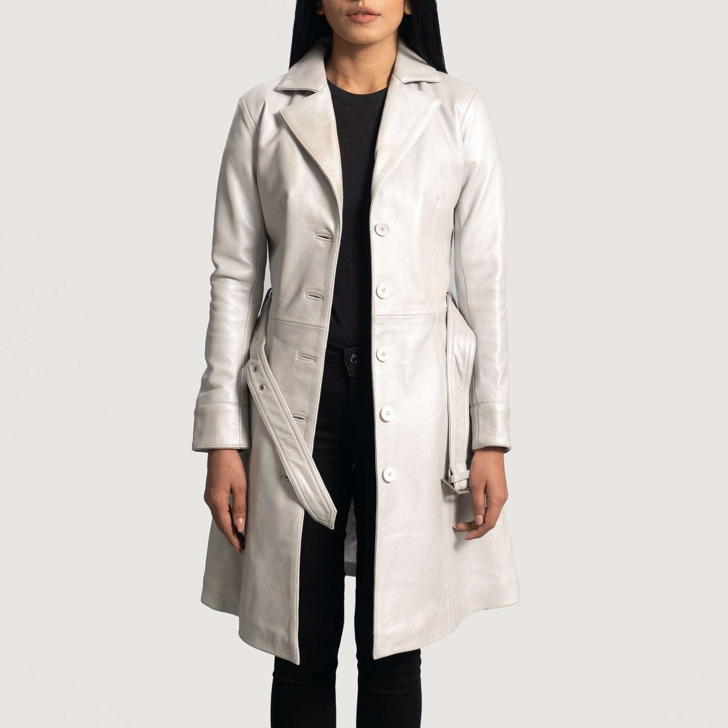 Womens Silver White Leather Trench Coat Full Length - Leather CoatWomen's Silver White Leather Trench Coat Full Length, Full Length Silver White Leather Coat for Women, Women's Leather Trench Coat, Stylish Women's Leather Trench Coat, Premium Quality Women's Leather Coat, Elegant Women's Leather Outerwear,