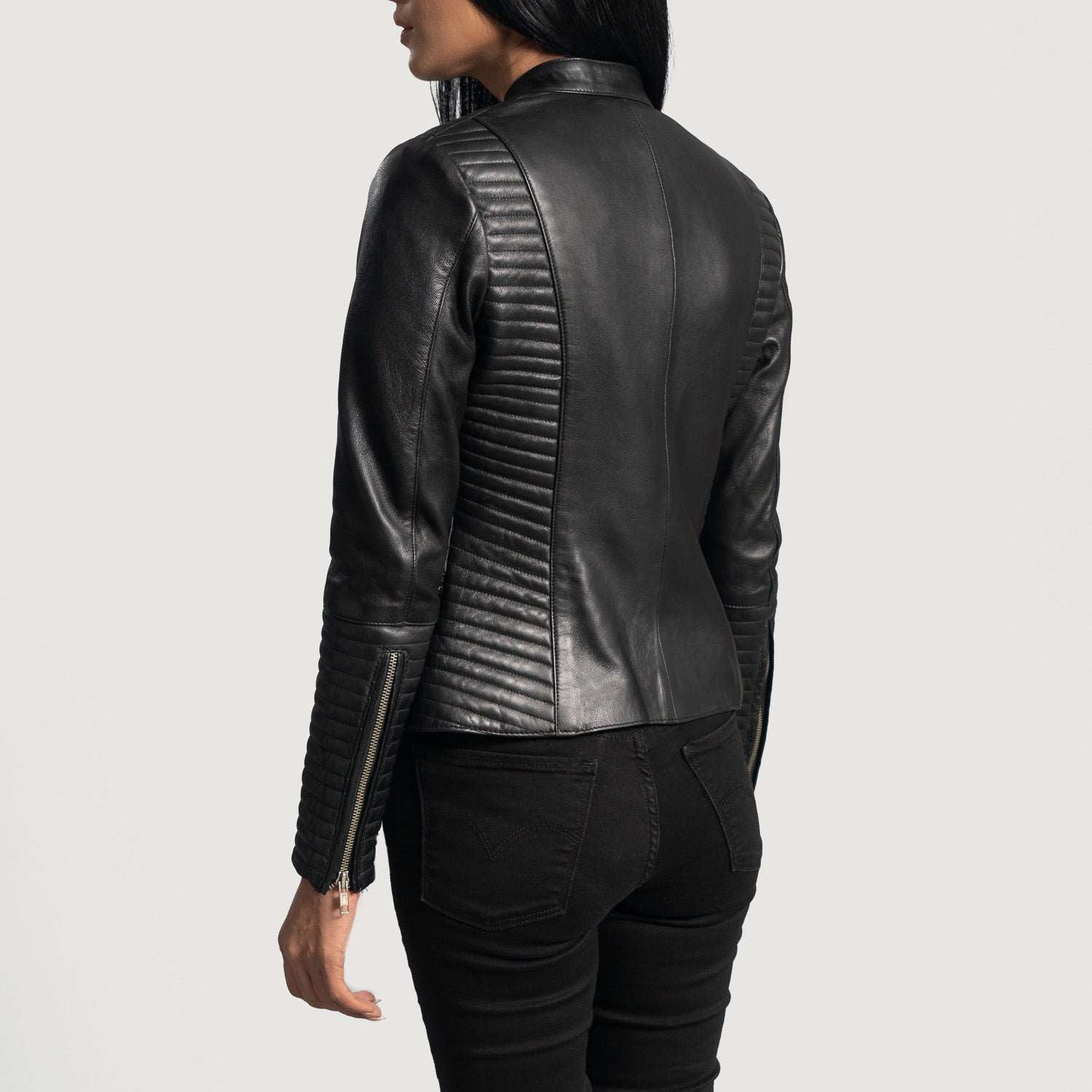 Women’s Black Leather Biker Jacket Band Collar & Zipper Closure