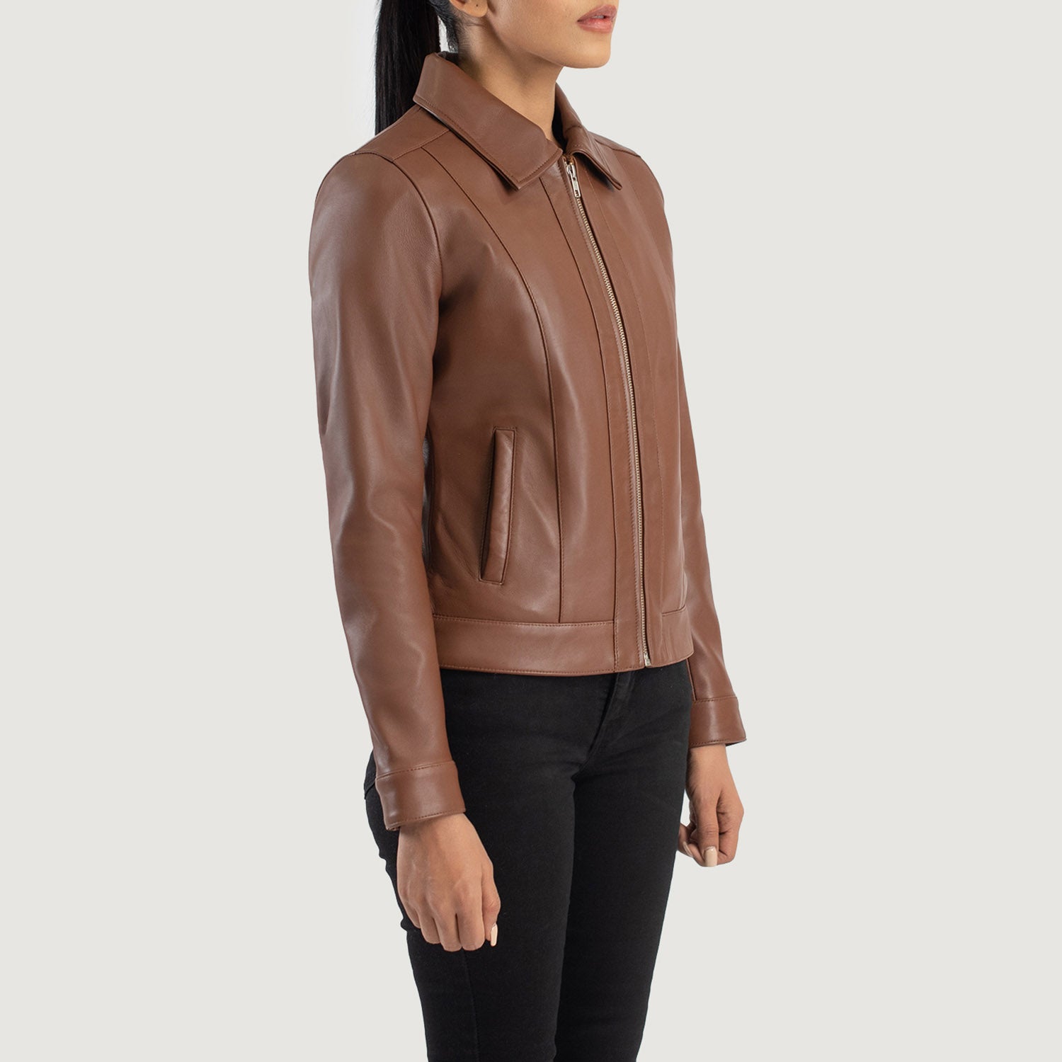Women Brown Classic Collar Leather Jacket