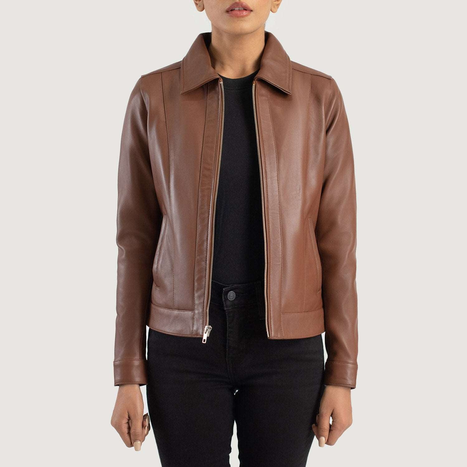 Women Brown Classic Collar Leather Jacket