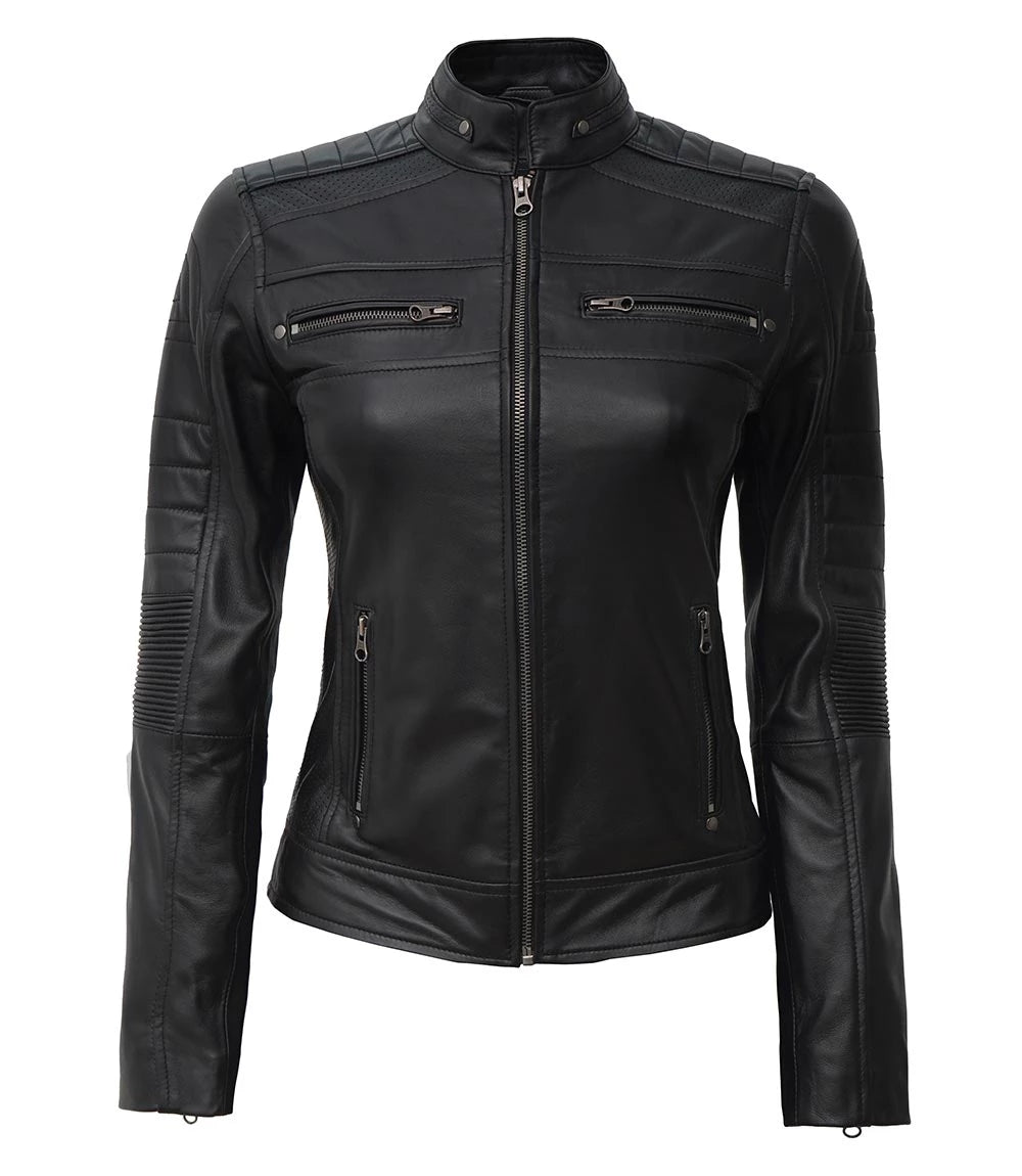 Black Leather Cafe Racer jacket For Womens With Premium Stitched