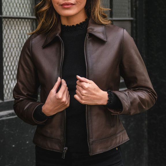 Womens Brown Leather Jacket With Shirt Collar