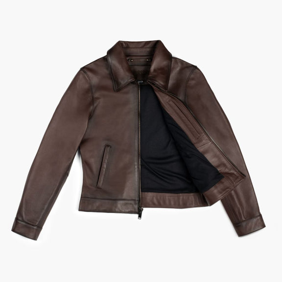 Womens Brown Leather Jacket With Shirt Collar