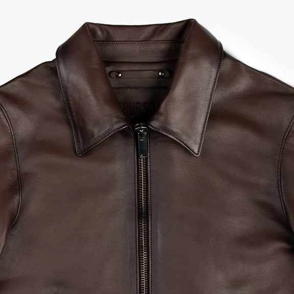 Womens Brown Leather Jacket With Shirt Collar Tonybon