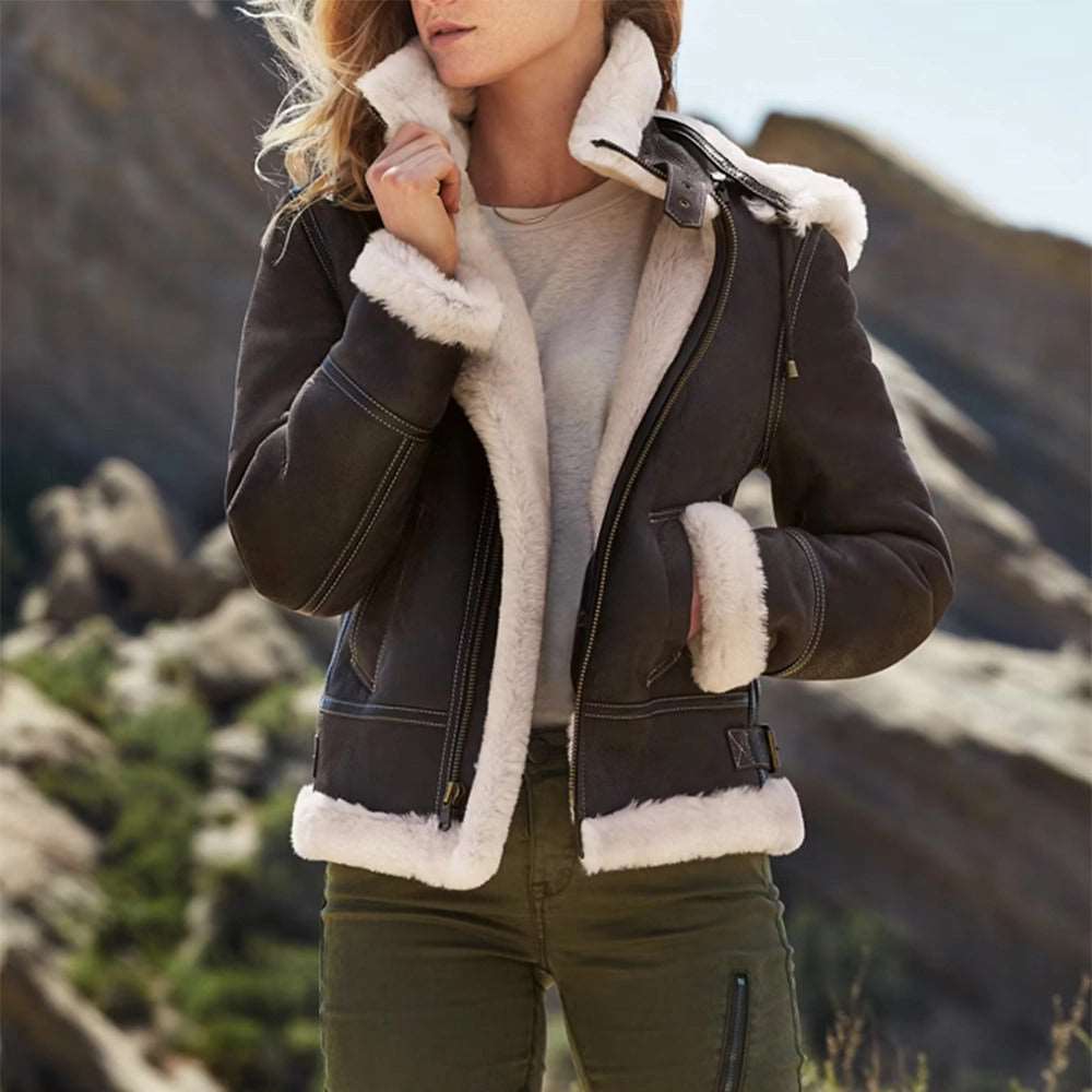 women's leather aviator jacket, shearling jacket, brown leather jacket, winter leather jacket for women, stylish aviator jacket, genuine leather shearling coat, women's fashion, luxury leather jackets, aviator shearling jacket, warm winter jacket.