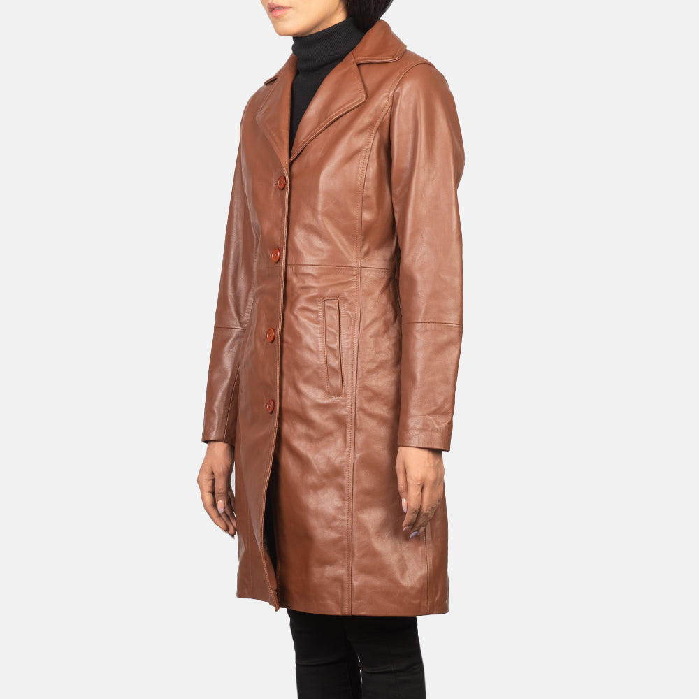 Womens Brown Single Breasted Leather Coat Full Length trench Coat
