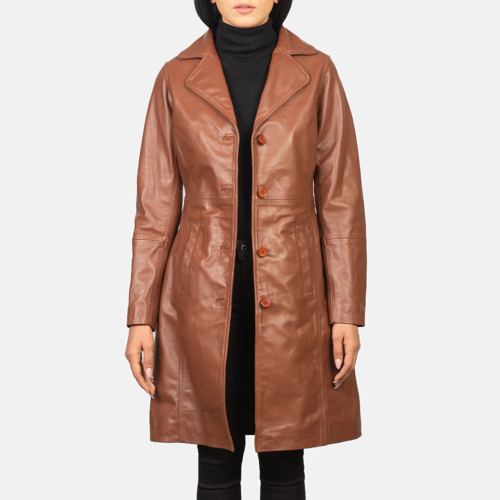 Womens Brown Single Breasted Leather Coat Full Length trench Coat 