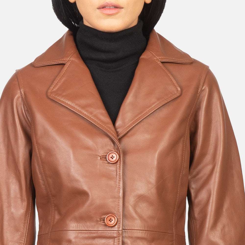 Womens Brown Single Breasted Leather Coat Full Length trench Coat
