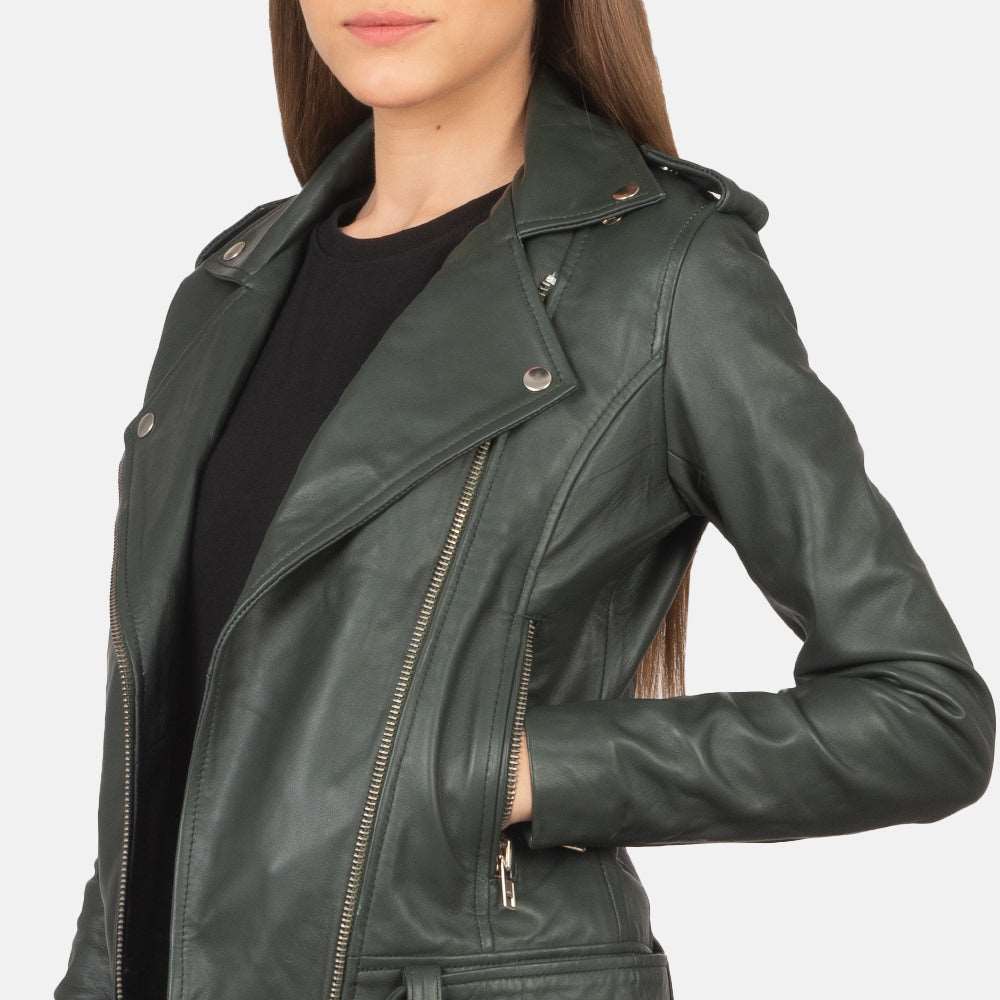 Womens Alison Green Leather Biker Jacket With Premium Quality - MotorBike Jacket Leather Jacket