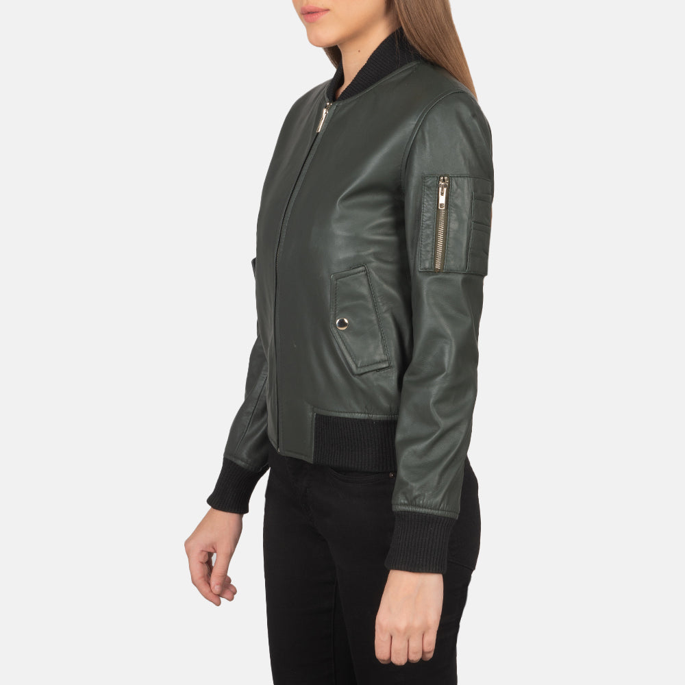 Womens MA1 Green Leather Bomber Jacket With Classical Look - Green Leather Jacket Bomber Jacket Women's MA1 Green Leather Bomber Jacket, Classical Women's Green Bomber Jacket, Stylish Women's Leather Jacket, Durable Green Bomber Jacket for Women, Fashionable Women's Bomber Jacket, High-Quality Women's Leather Outerwear, Classic Green Leather Jacket for Women, Trendy Women's Green Bomber Jacket, Women's Fashion Leather Jacket, Green Leather Jacket with Classical Look